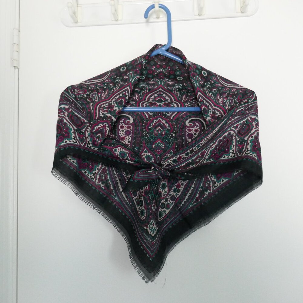 vintage 80s black/ multicolor paisley square scarf with fringed border